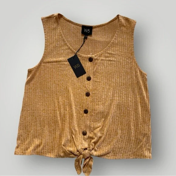 W5 Sleeveless Tie Front Button Down Top Tan - Picture 8 of 8